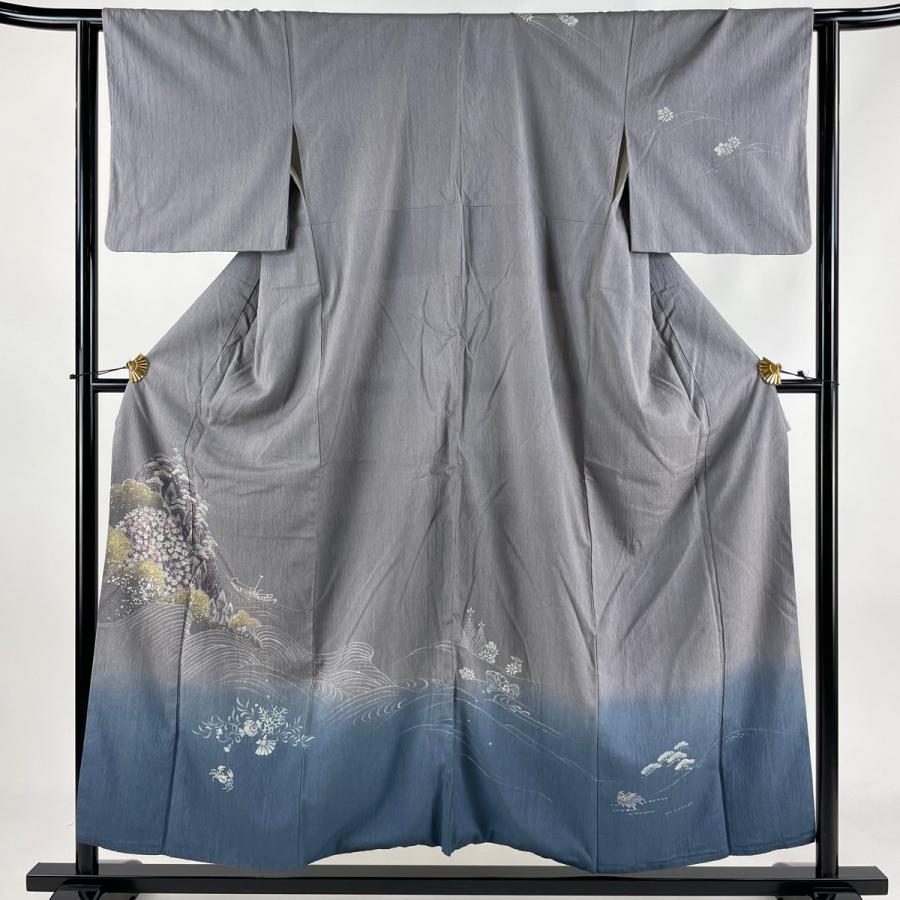 訪問着 身丈154.5cm 裄丈63.5cm S 袷 紬地 松 舟 金銀彩 ぼかし 灰色 