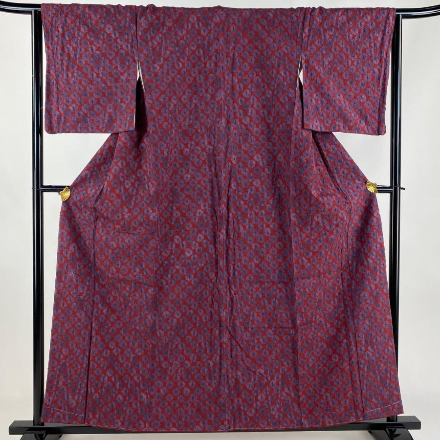 小紋 身丈158.5cm 裄丈64cm M 袷 紬地 やまと 手蜘蛛絞り えんじ色  