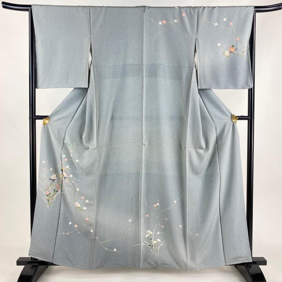付下げ 身丈161cm 裄丈65cm M 袷 椿 草花 ぼかし 灰色 正絹 秀品 中古 