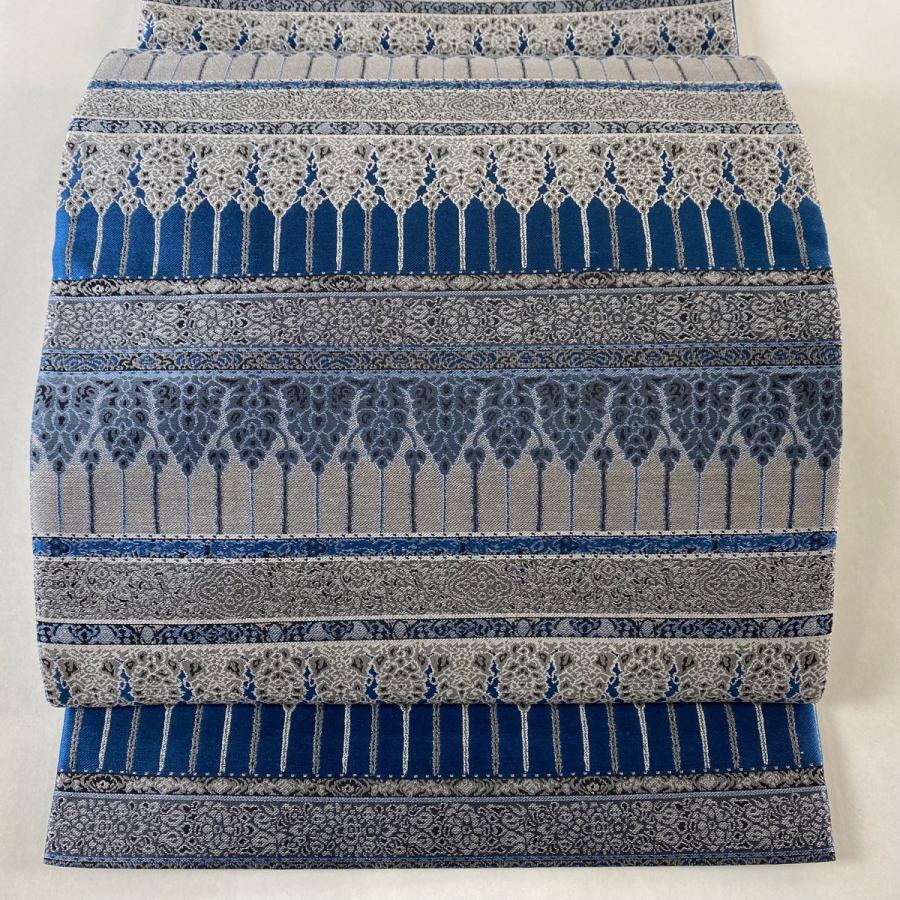 袋帯 美品 逸品 段縞 草花 藍色 全通 正絹 中古 : リユースセレクト  