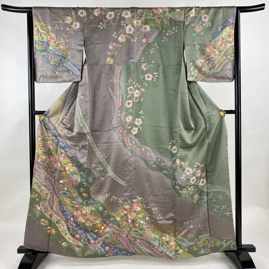 訪問着 身丈162cm 裄丈65cm M 袷 辻が花柄 鴛鴦 金彩 絞り 灰紫 正絹  