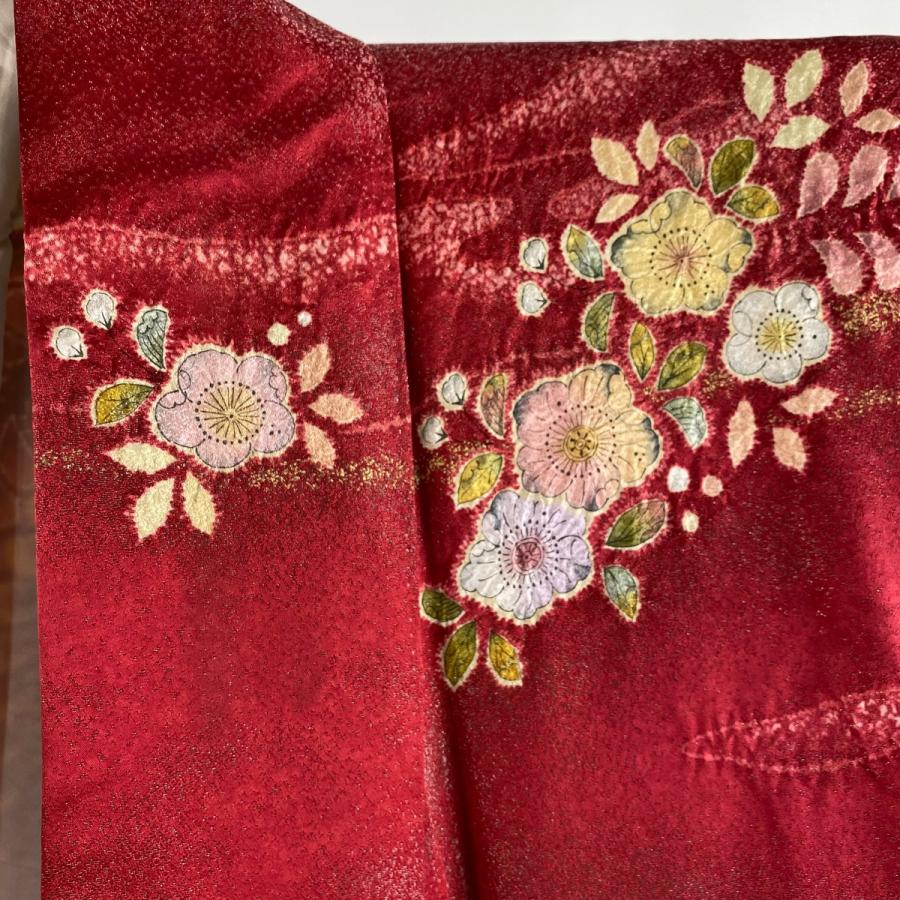 振袖 正絹 綸子 刺繍 几帳に御所車 柳 桜 菊 168cm前後ベスト 美品 翠