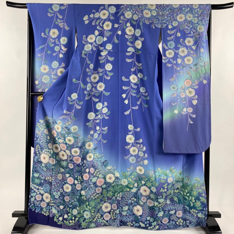 振袖 身丈166.5cm 裄丈67cm M 袷 辻が花柄 ぼかし 青紫 正絹 逸品 中古  