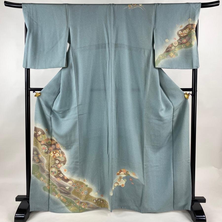 付下げ 身丈166cm 裄丈69cm L 袷 やまと 松竹梅 波 金彩 ぼかし 水色  