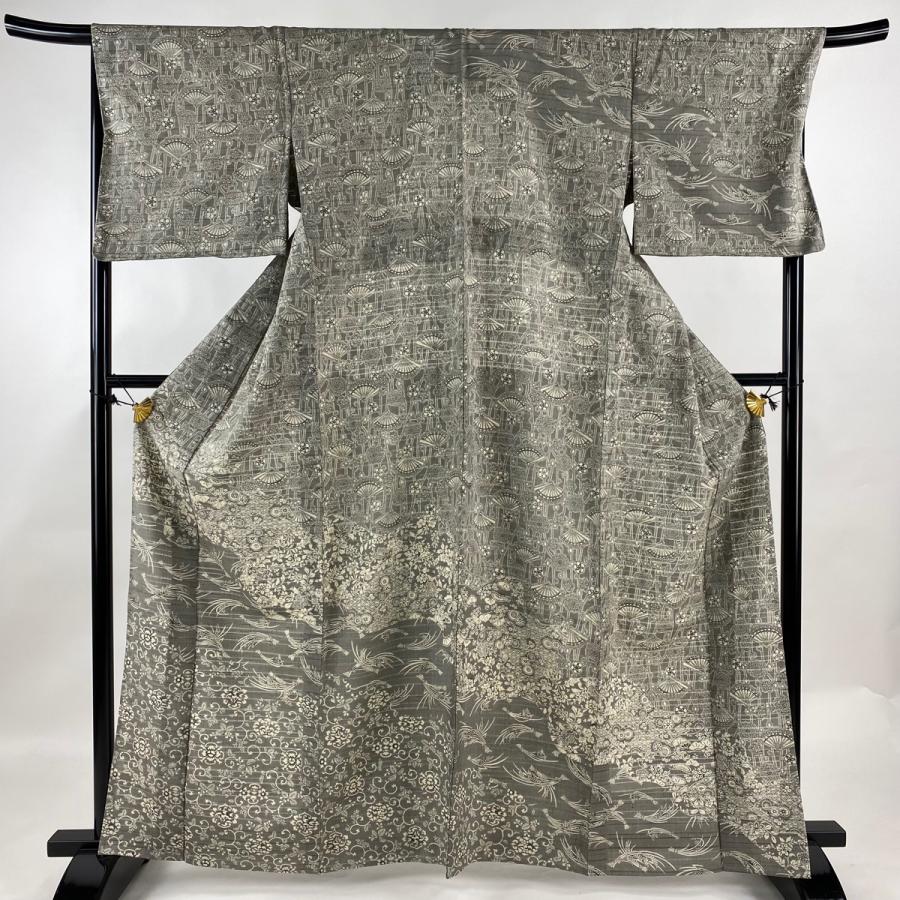 訪問着 身丈163cm 裄丈69.5cm L 薄物 紬地 絽 檜扇 花唐草 灰色 正絹  