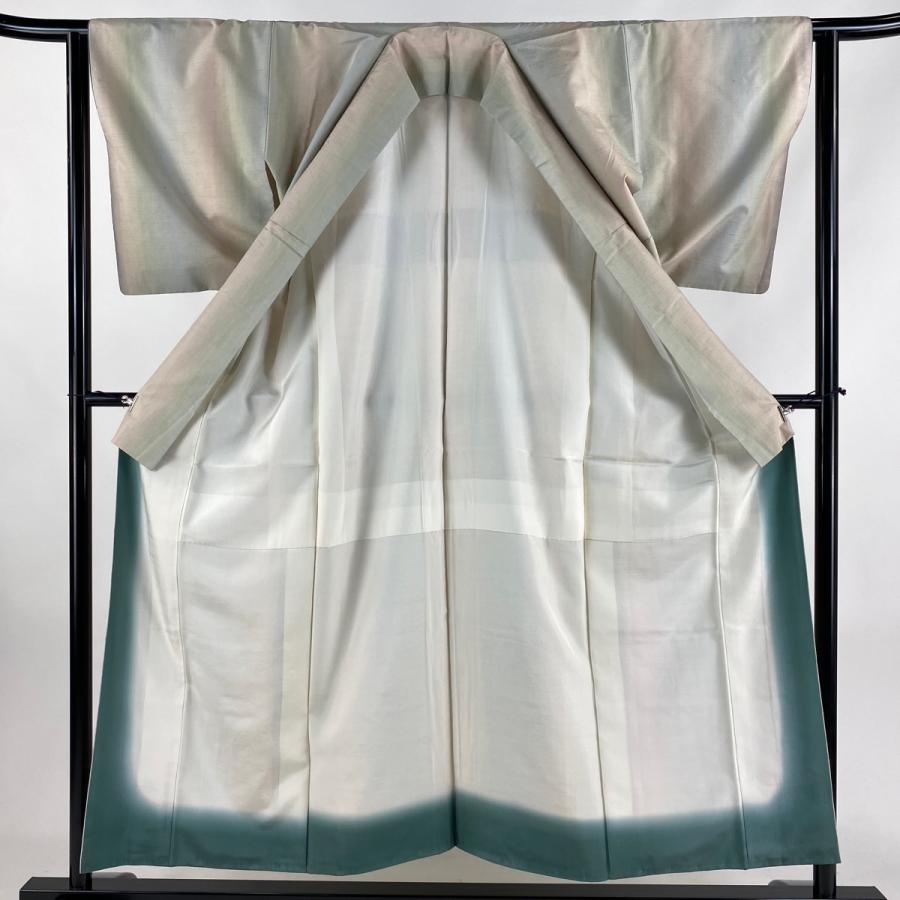 【美品】紬 身丈152cm 裄丈62.5cm S 正絹 名品 【中古】 紬 身丈152cm 裄丈62.5cm S 袷 縞 薄緑 正絹 美品 名品 中古