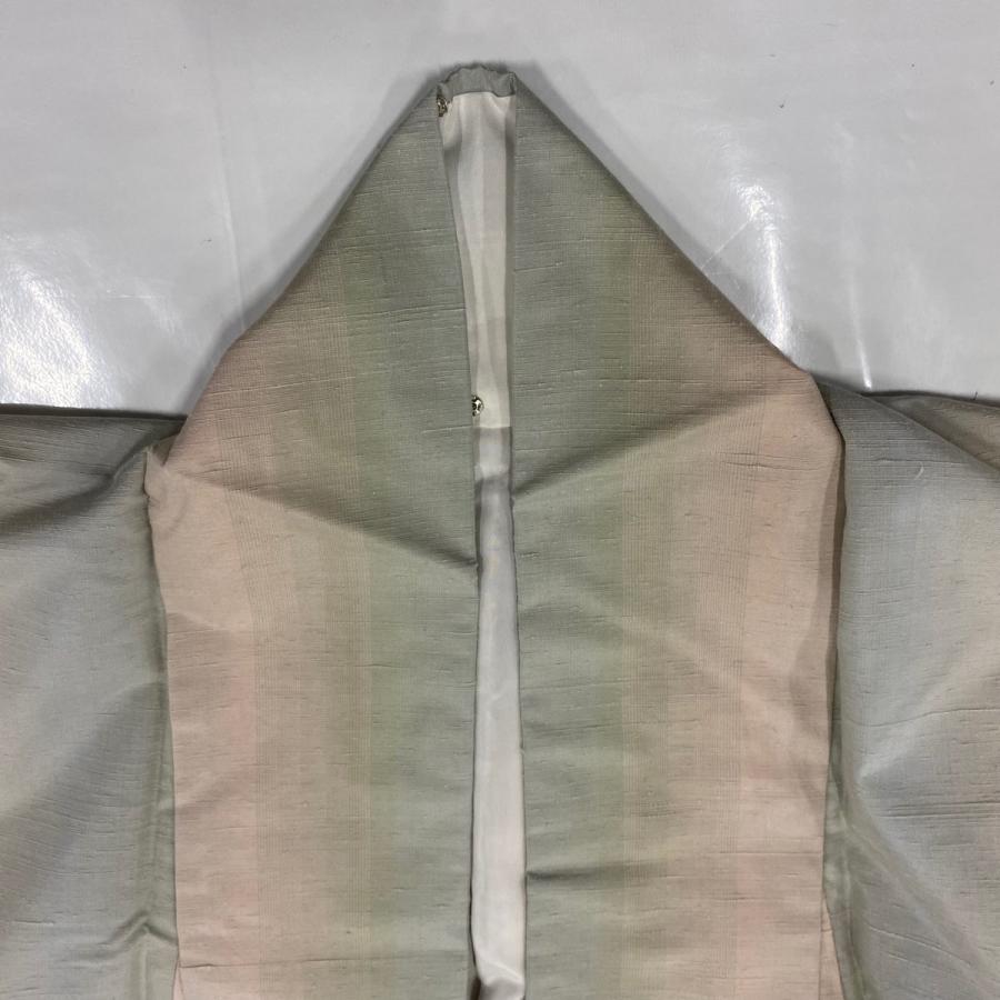 【美品】紬 身丈152cm 裄丈62.5cm S 正絹 名品 【中古】 紬 身丈152cm 裄丈62.5cm S 袷 縞 薄緑 正絹 美品 名品 中古