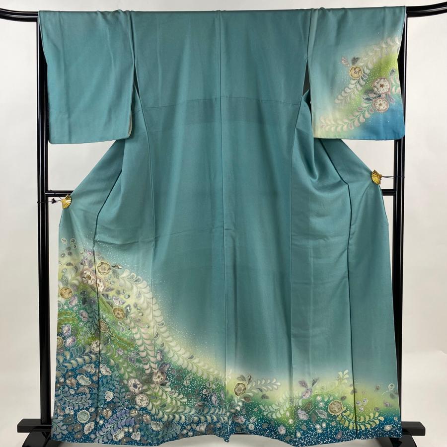 訪問着 身丈160.5cm 裄丈67cm M 袷 草花 銀通し ぼかし 青緑 正絹 名品  