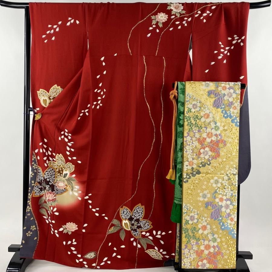 振袖 身丈168cm 裄丈68.5cm L 袷 袋帯フルセット 桜 牡丹 金糸 金彩 赤  