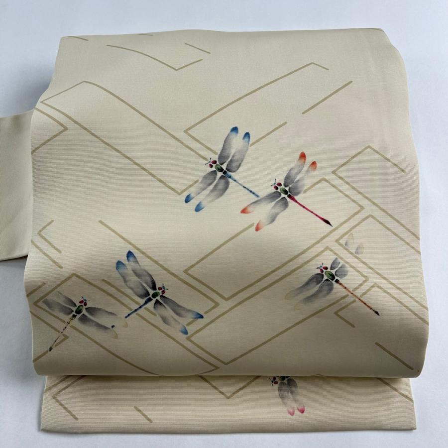 名古屋帯 美品 逸品 落款あり 片岡鶴太郎 とんぼ ベージュ 正絹 中古 