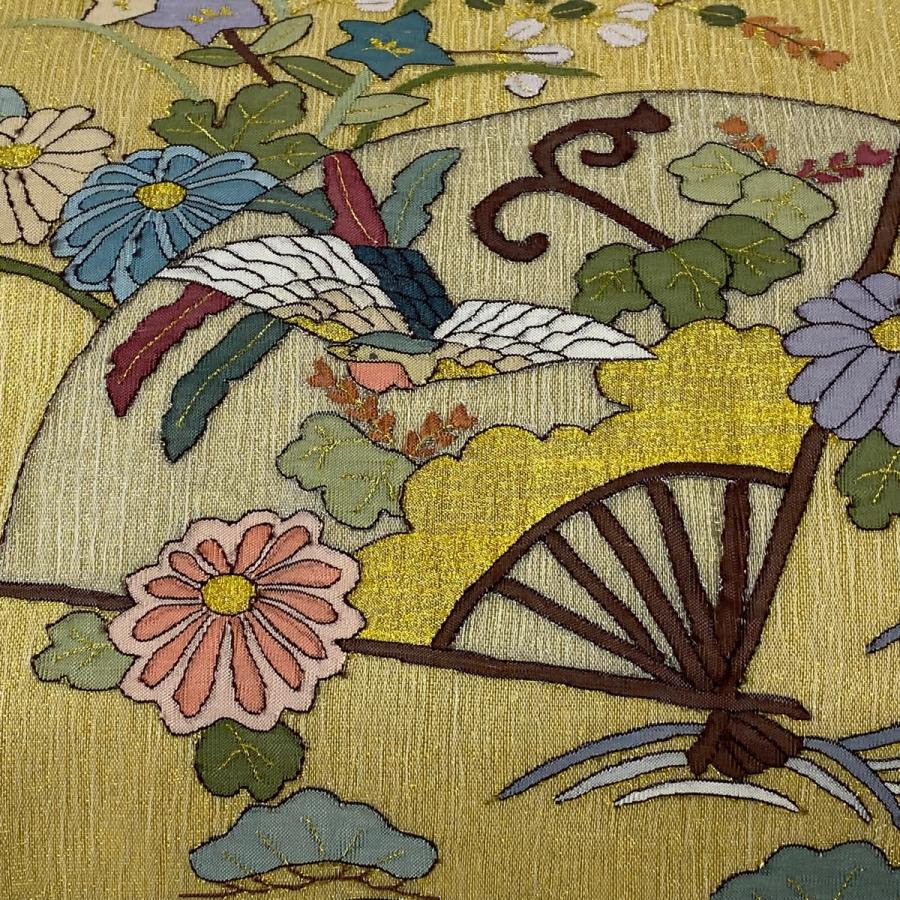袋帯 美品 逸品 夏帯 扇 花鳥 金色 お太鼓柄 正絹 中古 : リユース  