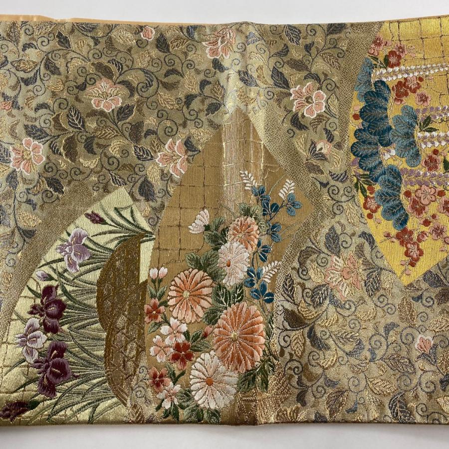 袋帯 九百錦 地紙 御所車 花模様 生成色 金糸 O-5386 着物