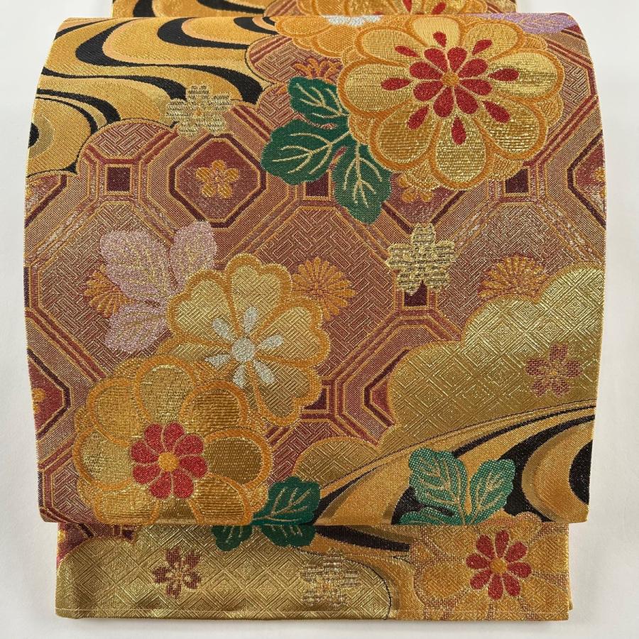 袋帯 美品 秀品 草花 流水 金糸 箔 金色 六通 正絹 中古 : リユース
