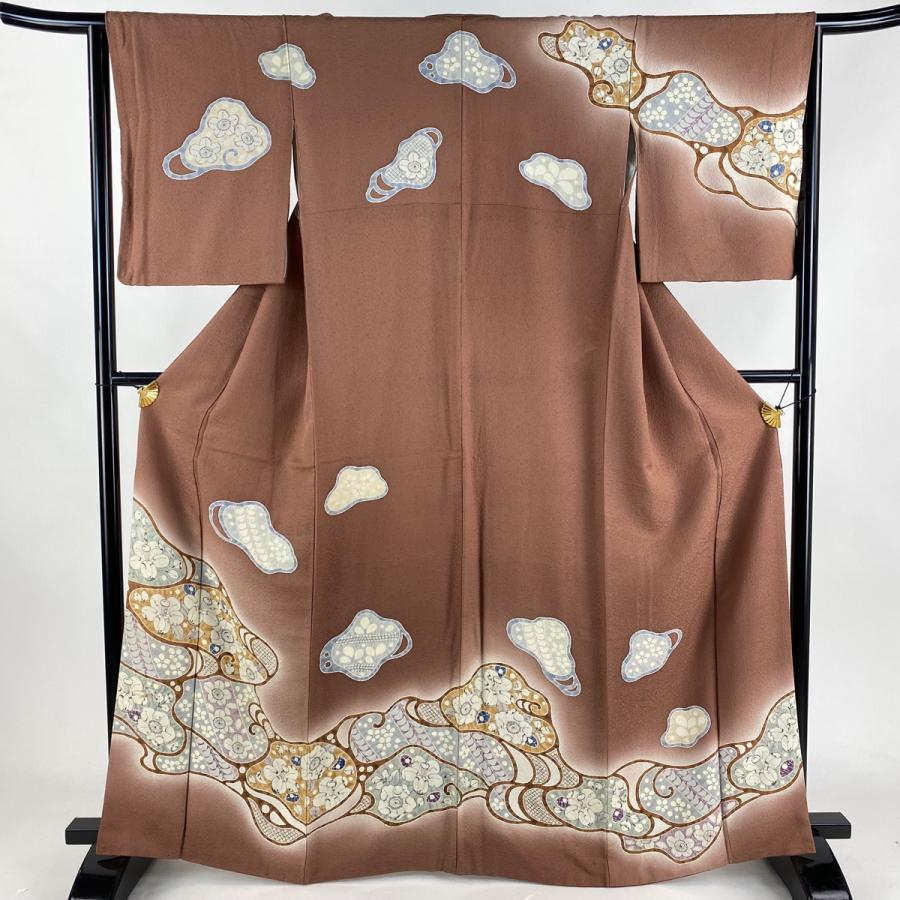 訪問着 身丈165cm 裄丈64.5cm M 袷 草花 雲文 ぼかし 茶色 正絹 秀品