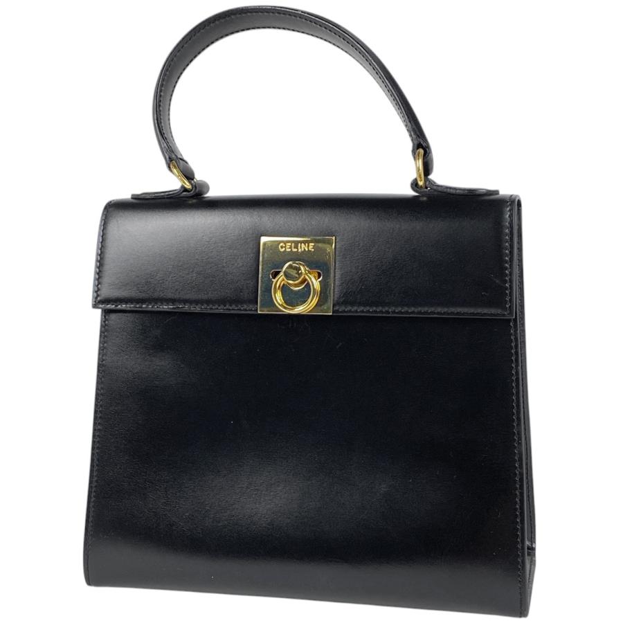 CELINE セリーヌ ロゴ ハンドバッグ レザー ブラック レディース 中古  