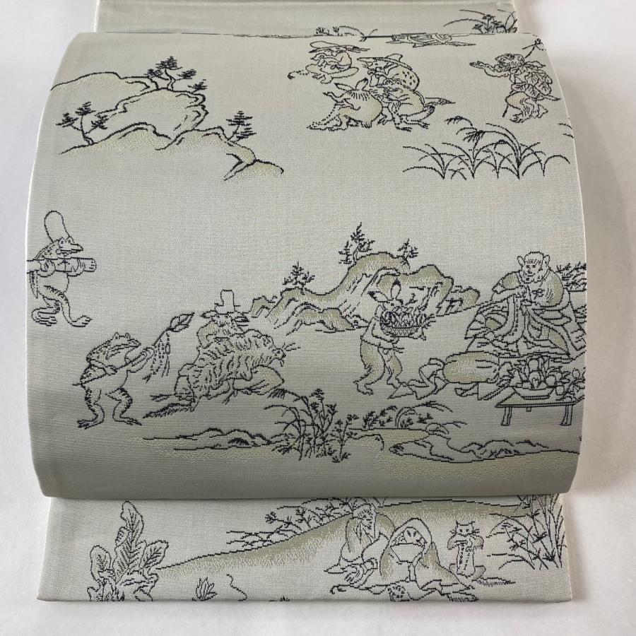 袋帯 美品 逸品 鳥獣戯画 灰色 全通 正絹 中古 : リユースセレクト  