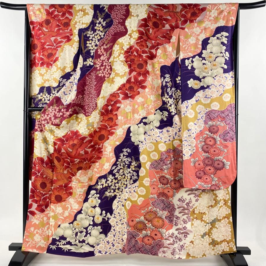 振袖 身丈161.5cm 裄丈65.5cm M 袷 岩田専太郎 落款あり 尾長鳥 草花  