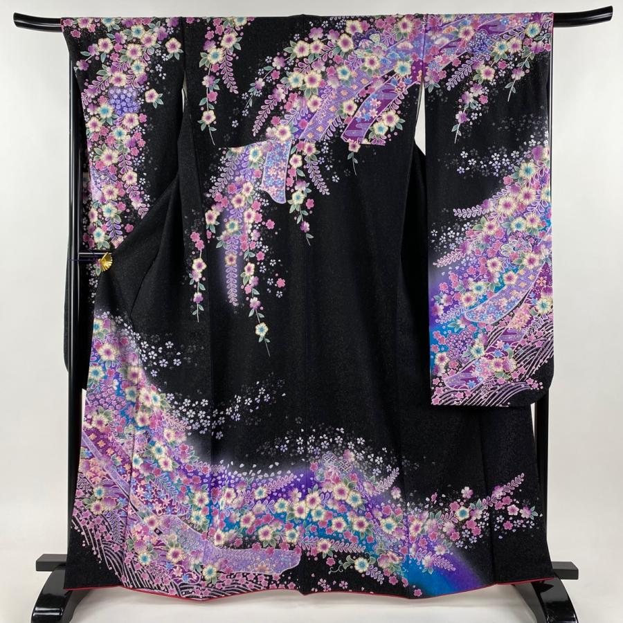 振袖 身丈164.5cm 裄丈67.5cm L 袷 辻が花柄 桜 銀通し ぼかし 黒 正絹  
