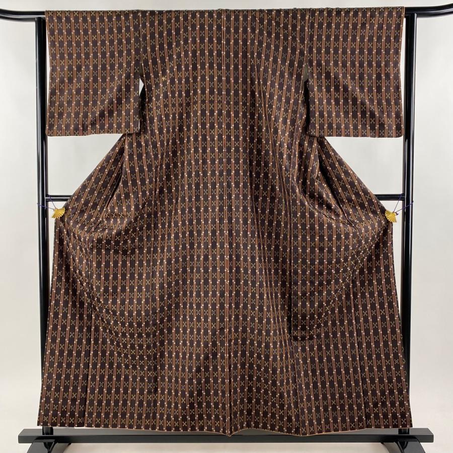 紬 身丈157.5cm 裄丈62cm S 袷 縦縞 花 焦茶色 正絹 逸品 中古  