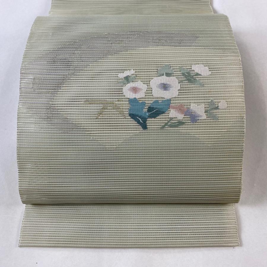 名古屋帯 秀品 夏帯 絽 松葉仕立て 八寸名古屋帯 草花 金銀糸 薄緑 