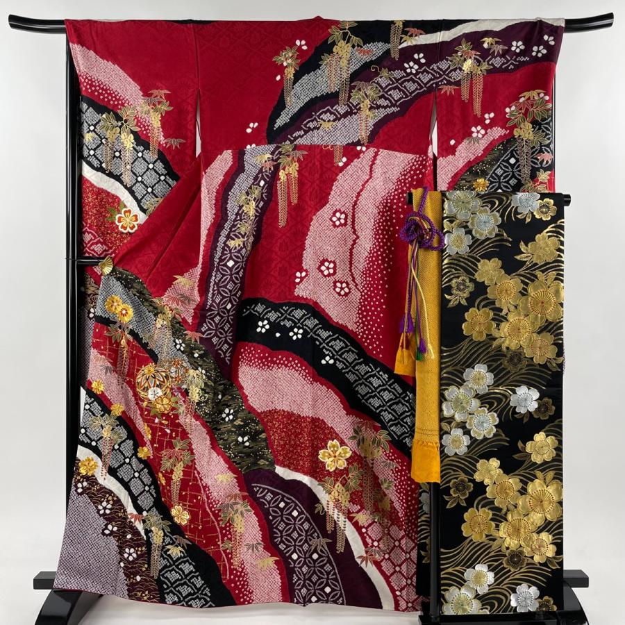 振袖 身丈162.5cm 裄丈68cm L 袷 袋帯フルセット 手毬 草花 金糸 刺繍  