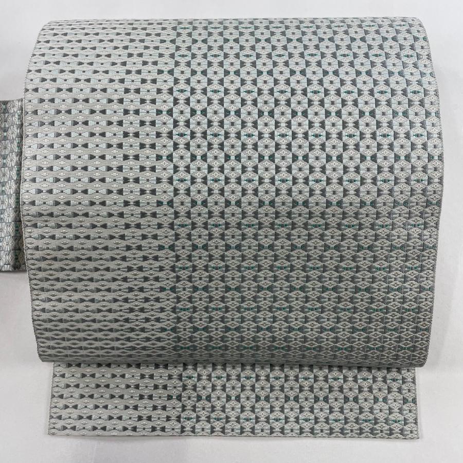 名古屋帯 美品 名品 八寸名古屋帯 幾何学模様 水色 正絹 中古  