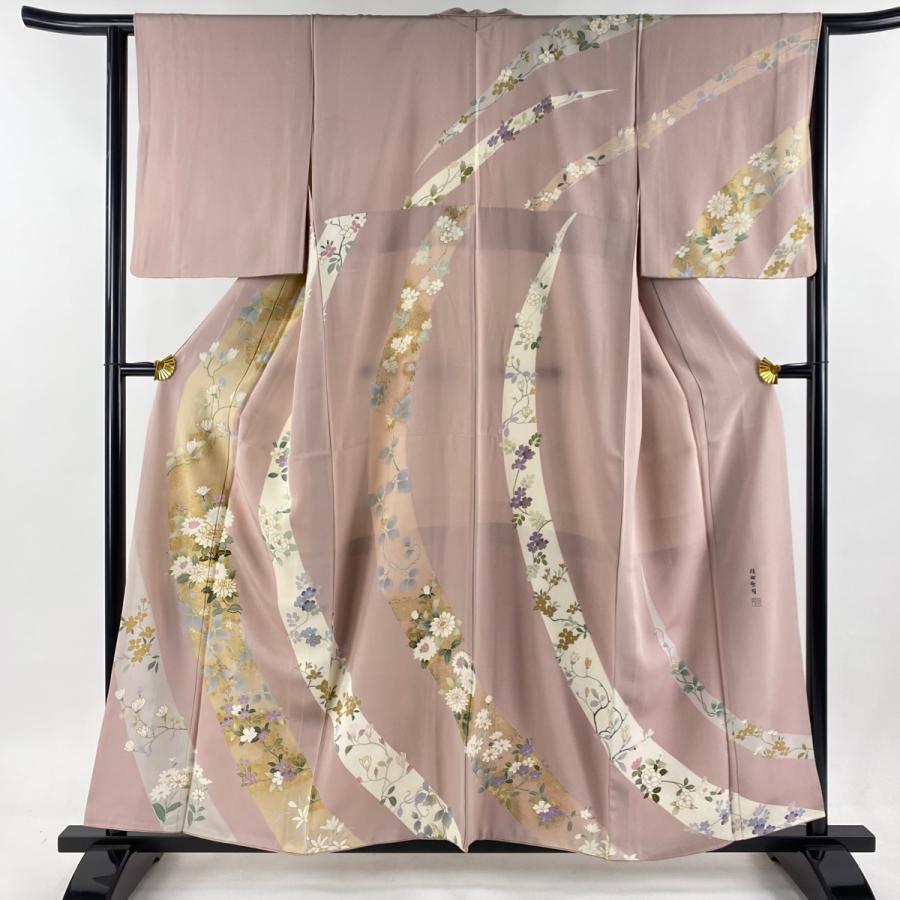 訪問着 身丈156.5cm 裄丈64cm M 袷 落款あり 熨斗 草花 金糸 金彩 薄紫  