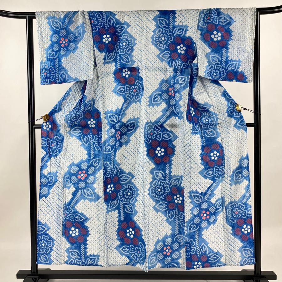 浴衣 身丈151.5cm 裄丈64cm M 絞り浴衣 草花 水色 綿 美品 名品 中古  