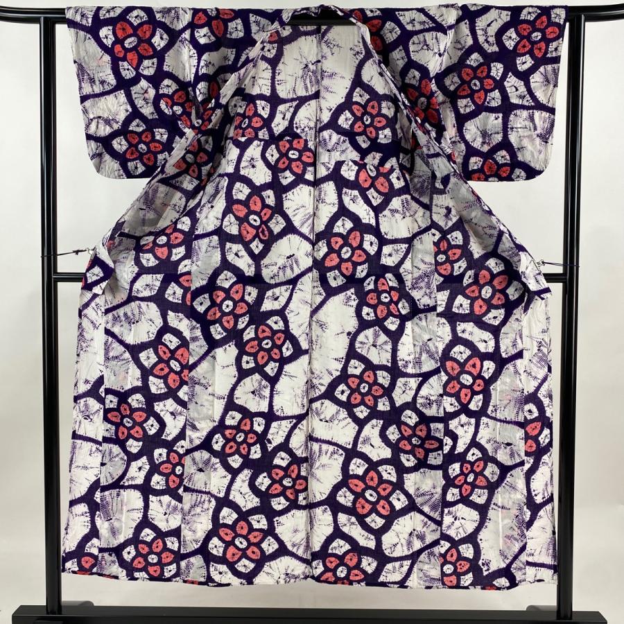 浴衣 身丈150cm 裄丈61cm S 絞り浴衣 花 紫 綿 名品 中古 : リユース  
