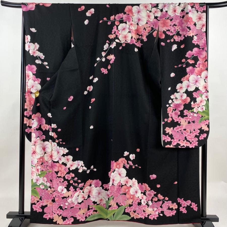振袖 身丈160cm 裄丈67cm M 袷 蘭 花びら 金彩 箔 黒 正絹 美品 名品  