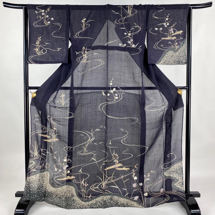 訪問着 身丈167.5cm 裄丈64cm M 薄物 夏紬地 苫舟 菖蒲 金彩 絞り 紫  