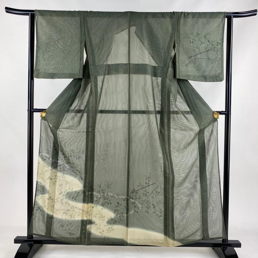付下げ 身丈159cm 裄丈63cm S 紗袷 笛 萩 刺繍 ぼかし 深緑 正絹 秀品  