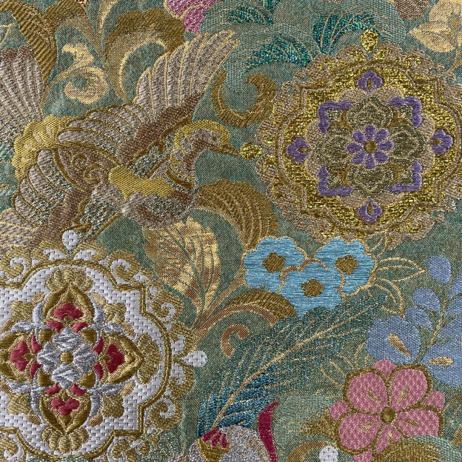 袋帯 美品 逸品 花鳥 華文 刺繍 金糸 茶緑色 六通 正絹 中古