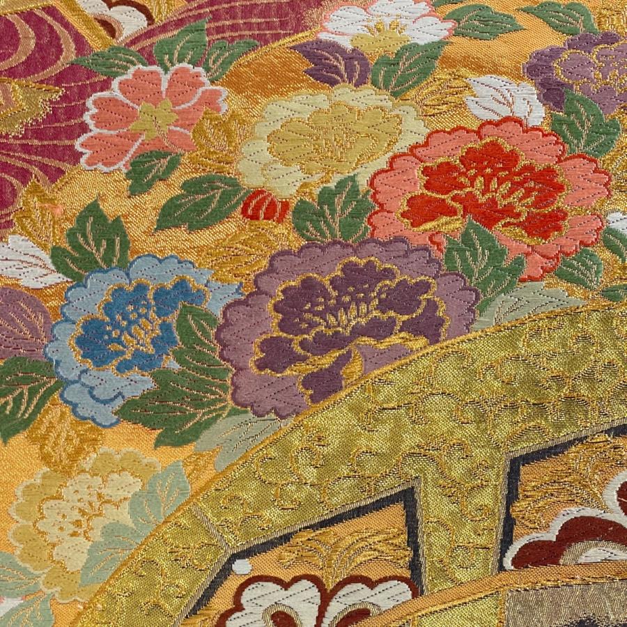 袋帯 美品 秀品 片輪車 草花 金糸 箔 金色 六通 正絹 中古 在庫