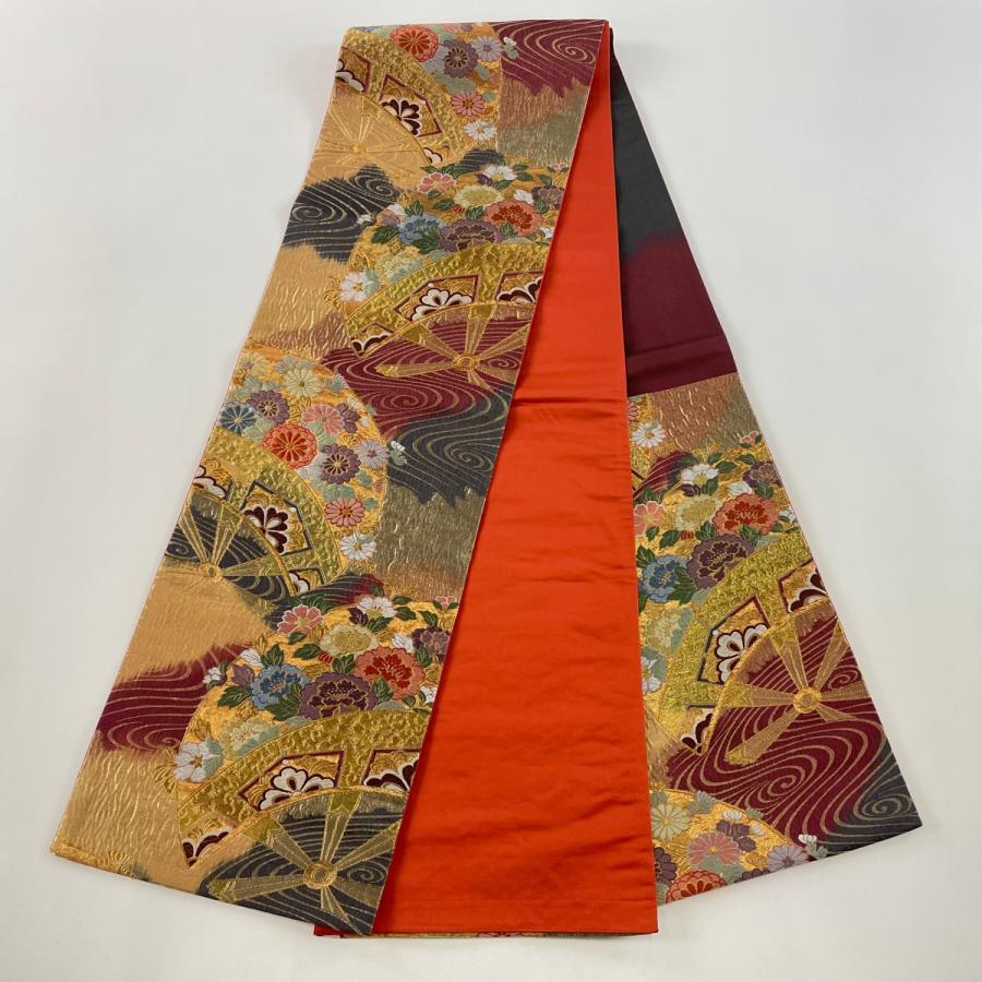 刺繍 六通 袋帯 金糸 正絹 未使用品 袋帯 美品 秀品 草花 金銀糸 箔 金色 六通 正絹 【中古】 袋帯 美