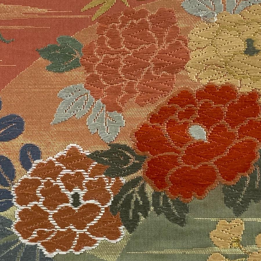 唐織　六通袋帯　正絹　お茶席　帯 袋帯 美品 秀品 扇面 草花 唐織 金糸 赤茶 六通 正絹 中古 在庫