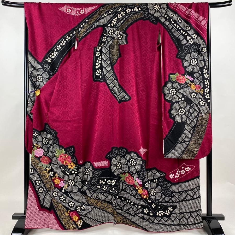 振袖 身丈163cm 裄丈68cm L 袷 牡丹 梅唐草 刺繍 金糸 濃ピンク 正絹  
