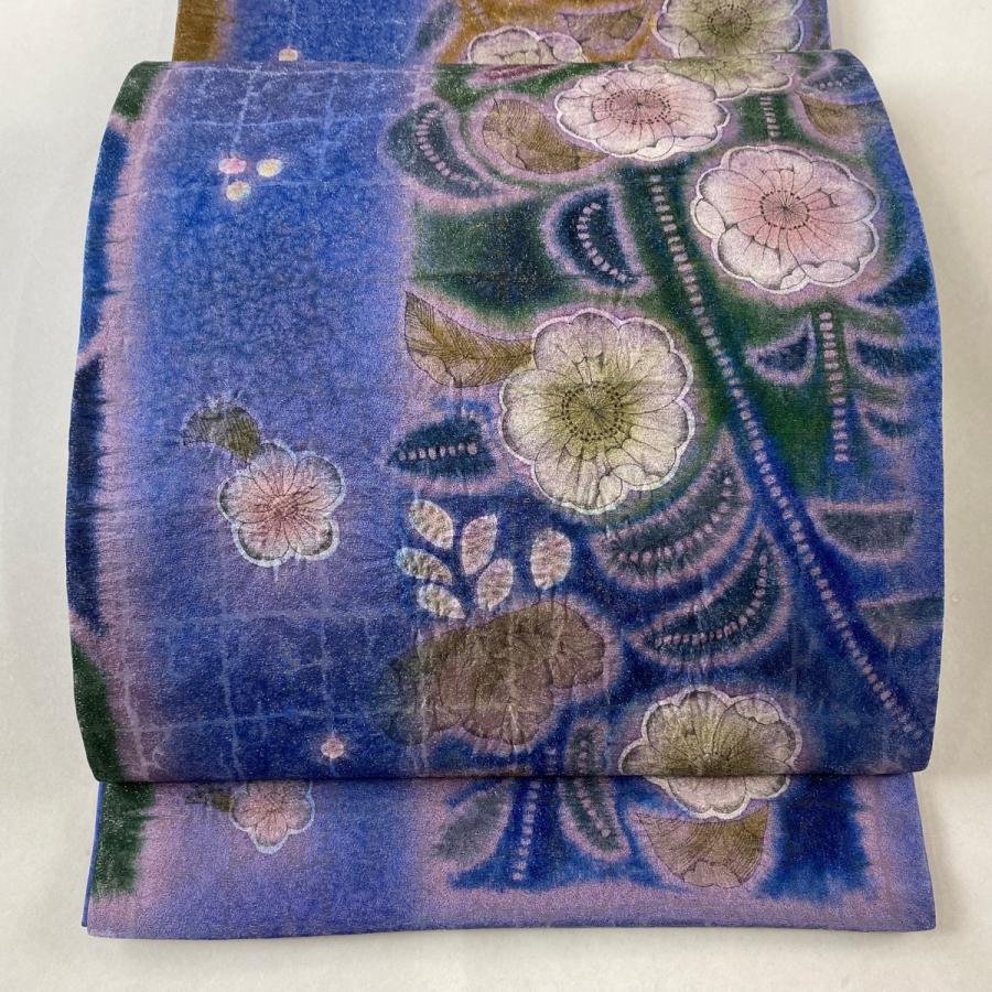 袋帯 美品 逸品 落款あり 草花 銀通し 青 お太鼓柄 正絹 中古