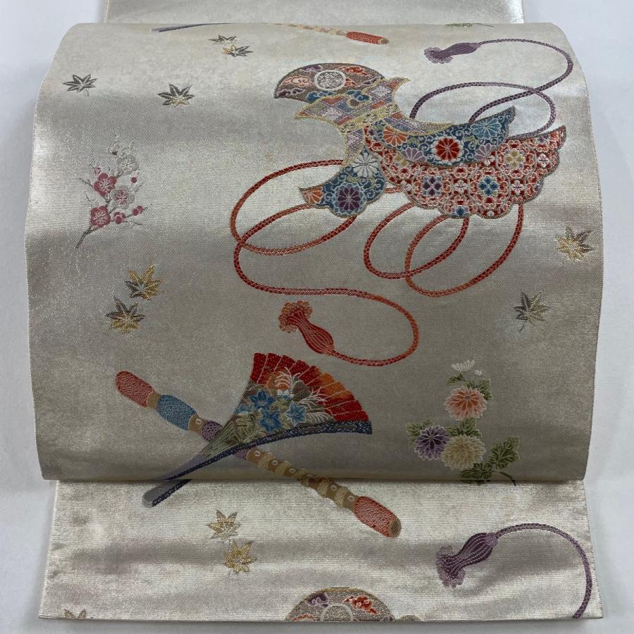 袋帯 美品 名品 長嶋成織物 落款あり 扇 笛 金糸 箔 銀色 お太鼓柄