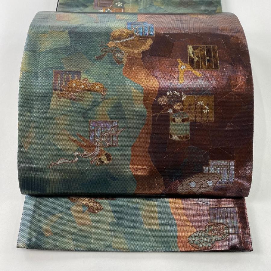 袋帯 美品 名品 源氏香 笙 箔 緑 六通 正絹 中古 : リユースセレクト