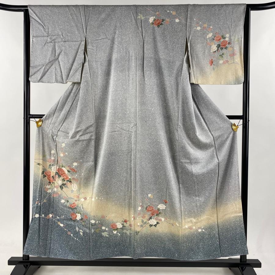 6k1357 着物 正絹 袷 訪問着 雀 グレー 緑 茶色 柄物 和装 袷着物 | kimono