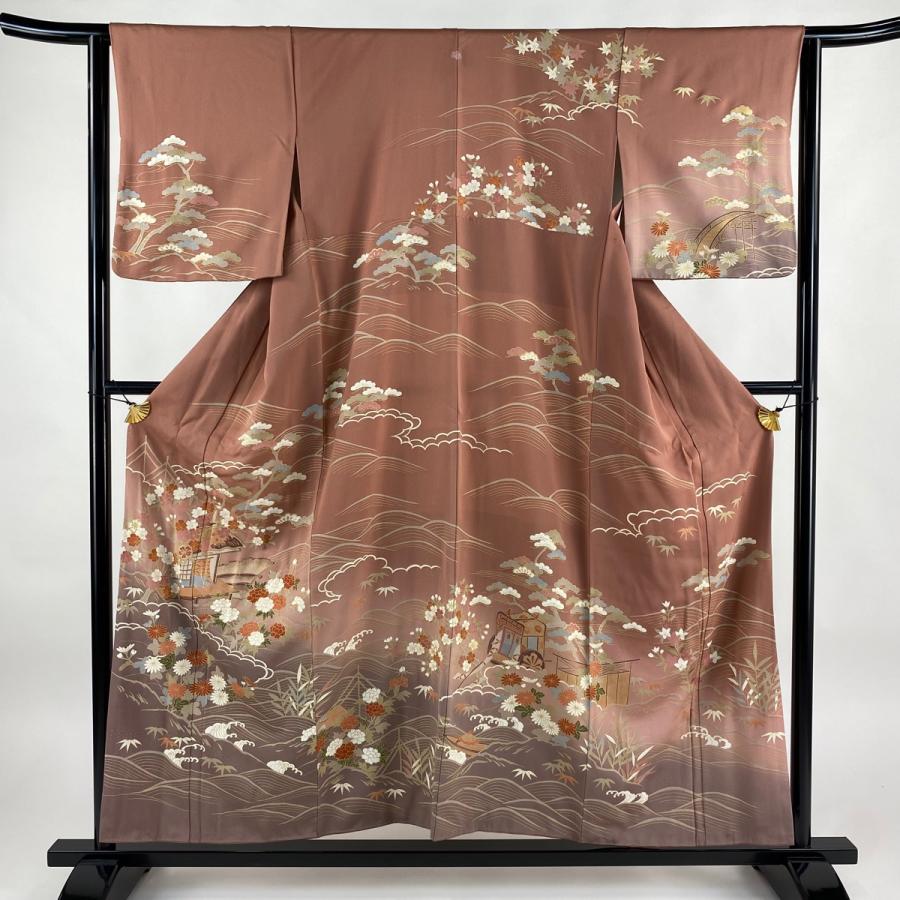 訪問着 身丈154cm 裄丈63cm S 袷 建物 草花 金糸 金彩 ピンク