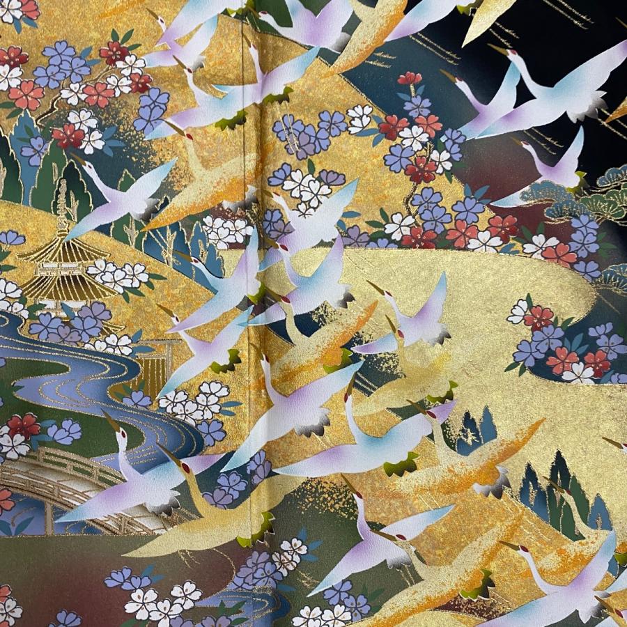 黒留袖 身丈168cm 裄丈66cm M 袷 鶴 霞 金彩 黒 正絹 美品 秀品