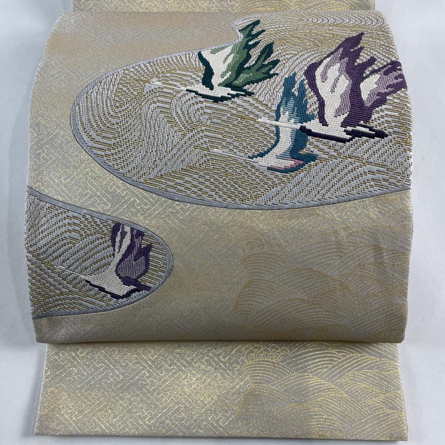 袋帯 美品 名品 鶴 波 箔 金色 お太鼓柄 正絹 中古 在庫一掃