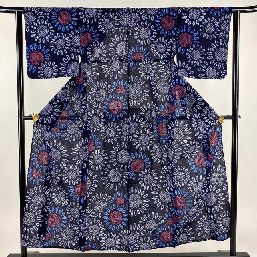 浴衣 身丈153cm 裄丈62cm S 絞り浴衣 草花 流水 青 綿 名品 【中古  