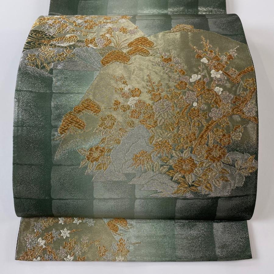 袋帯 美品 秀品 平安琳派文 椿 松梅 金銀糸 箔 灰緑 六通 正絹 中古