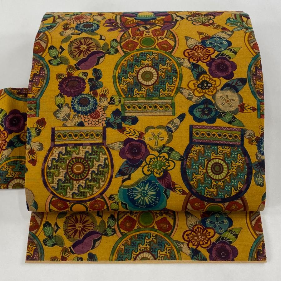 帯2469 ●高級 正絹 紬 落款 作家物 紬名古屋帯 蛍 名古屋帯 美品 秀品 紬地 花柄 幾何学 絞り 山吹茶色 正絹 中古