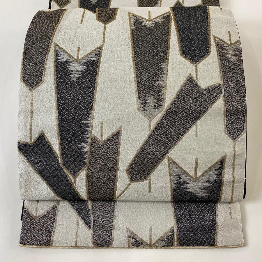 袋帯 美品 名品 矢羽 箔 灰白 六通 正絹 中古 在庫一掃 : リユース