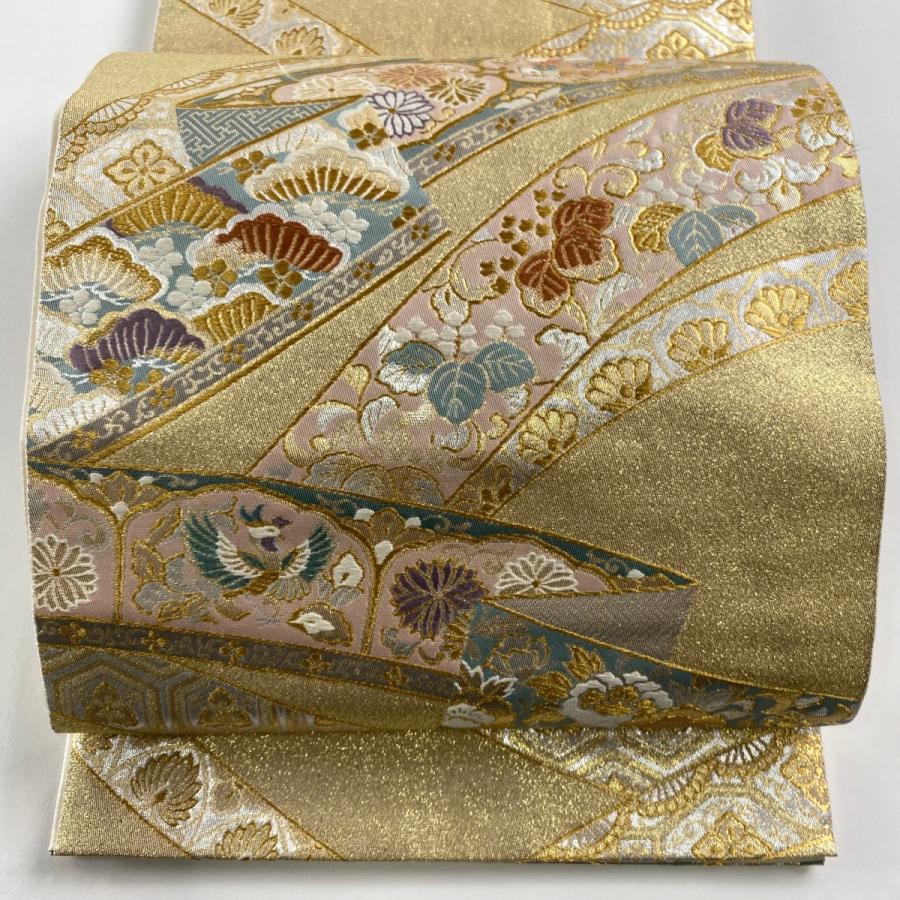 袋帯　6通帯　正絹　金銀糸 袋帯 美品 秀品 鴛鴦 菊 箔 金銀糸 金色 六通 正絹 中古 : リユース