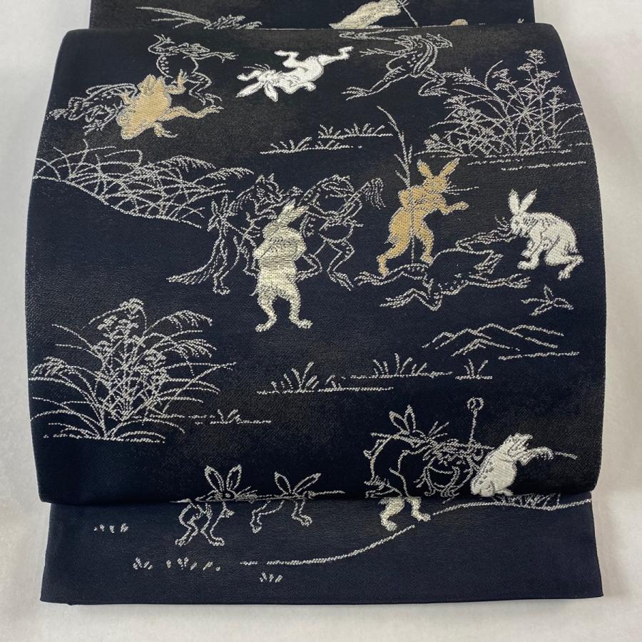 袋帯 美品 逸品 鳥獣戯画 百寿文 銀糸 黒 全通 正絹 中古 : リユース  